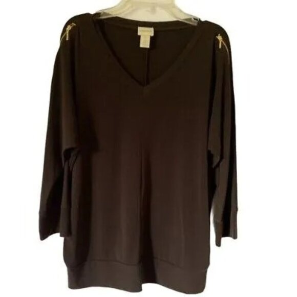Chicos Women's V-Neck Brown Blouse With Shoulder Zippers Polyester/Spandex - Picture 1 of 7